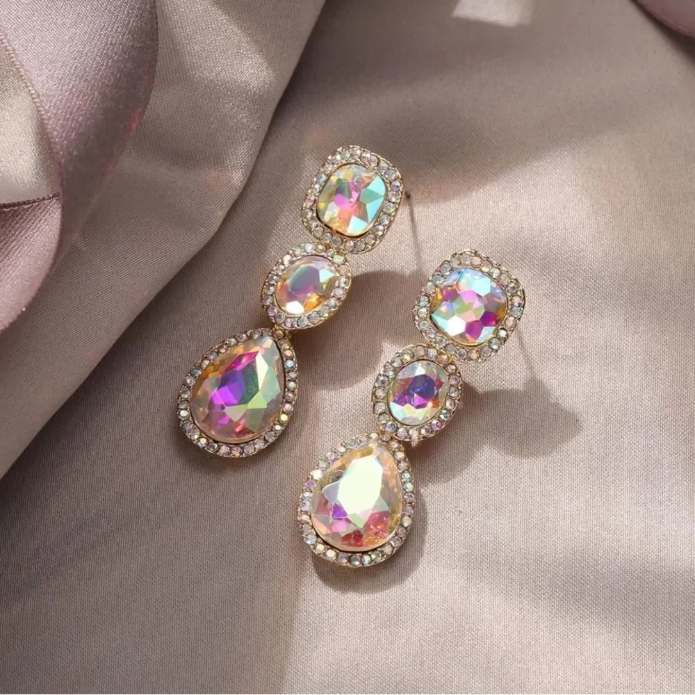 Yellow Gold and Iridescent AB Austrian Crystal Dangling Chandelier Post Earrings